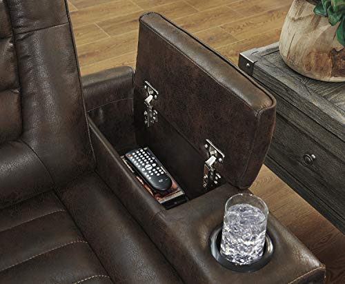 Signature Design by Ashley Game Zone Faux Leather Adjustable Power Reclining Sofa with Cup Holders and Storage, Brown