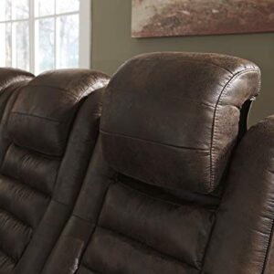 Signature Design by Ashley Game Zone Faux Leather Adjustable Power Reclining Sofa with Cup Holders and Storage, Brown