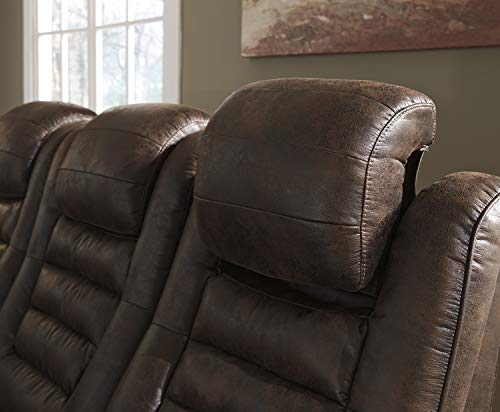 Signature Design by Ashley Game Zone Faux Leather Adjustable Power Reclining Sofa with Cup Holders and Storage, Brown