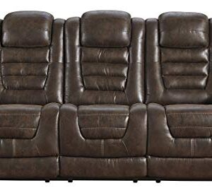 Signature Design by Ashley Game Zone Faux Leather Adjustable Power Reclining Sofa with Cup Holders and Storage, Brown