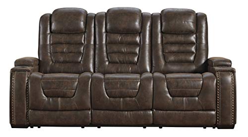 Signature Design by Ashley Game Zone Faux Leather Adjustable Power Reclining Sofa with Cup Holders and Storage, Brown