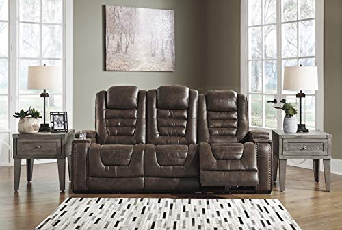 Signature Design by Ashley Game Zone Faux Leather Adjustable Power Reclining Sofa with Cup Holders and Storage, Brown