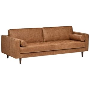 amazon brand – rivet aiden mid-century modern leather sofa couch, 86.6″w, cognac