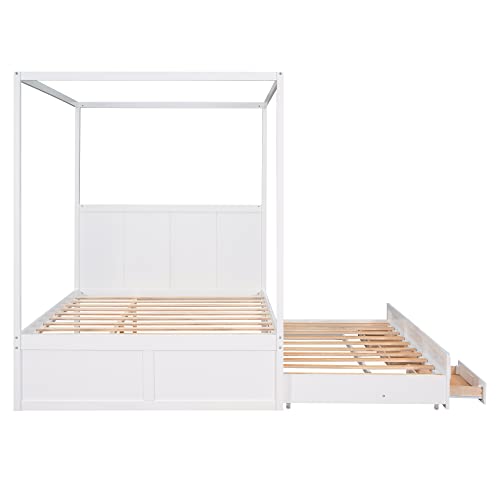 Harper & Bright Designs Queen Canopy Bed with Trundle and Three Storage Drawers, Solid Wood 4-Post Canopy Platform Bed Frame with Headboard and Slat Support, No Box Spring Needed (Queen Size, White)