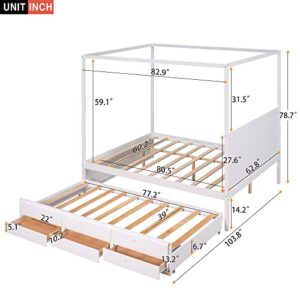 Harper & Bright Designs Queen Canopy Bed with Trundle and Three Storage Drawers, Solid Wood 4-Post Canopy Platform Bed Frame with Headboard and Slat Support, No Box Spring Needed (Queen Size, White)