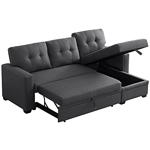 Devion Furniture Contemporary Reversible Sectional Sleeper Sectional Sofa with Storage Chaise in Dark Gray Fabric