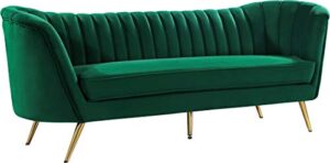 meridian furniture margo collection modern | contemporary velvet upholstered sofa with deep channel tufting and rich gold stainless steel legs, green, 88″ w x 30″ d x 33″ h