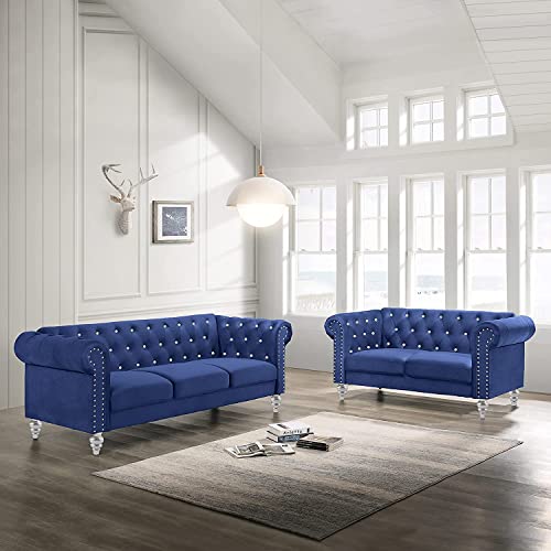 New Classic Furniture Glam Emma Velvet Three Seater Chesterfield Style Sofa for Small Spaces with Crystal Button Tufts, Royal Blue