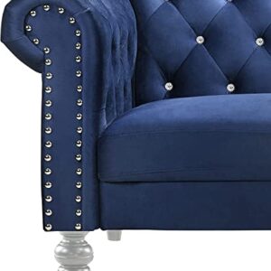 New Classic Furniture Glam Emma Velvet Three Seater Chesterfield Style Sofa for Small Spaces with Crystal Button Tufts, Royal Blue