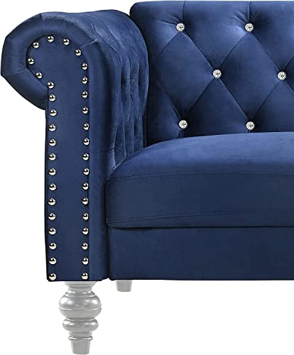 New Classic Furniture Glam Emma Velvet Three Seater Chesterfield Style Sofa for Small Spaces with Crystal Button Tufts, Royal Blue
