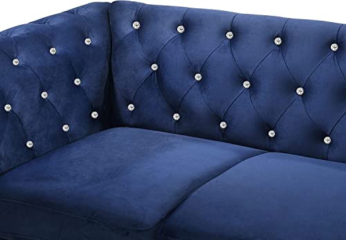 New Classic Furniture Glam Emma Velvet Three Seater Chesterfield Style Sofa for Small Spaces with Crystal Button Tufts, Royal Blue