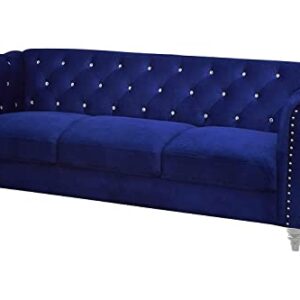 New Classic Furniture Glam Emma Velvet Three Seater Chesterfield Style Sofa for Small Spaces with Crystal Button Tufts, Royal Blue