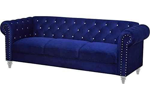 New Classic Furniture Glam Emma Velvet Three Seater Chesterfield Style Sofa for Small Spaces with Crystal Button Tufts, Royal Blue