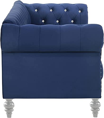 New Classic Furniture Glam Emma Velvet Three Seater Chesterfield Style Sofa for Small Spaces with Crystal Button Tufts, Royal Blue