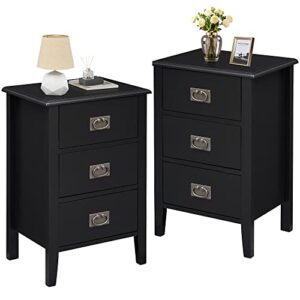 vecelo nightstands set of 2 end/side tables living room bedroom bedside, vintage accent furniture small space, solid wood legs, three drawers, black