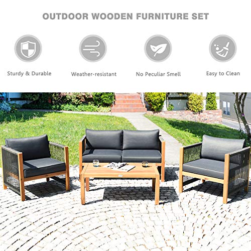 Tangkula Outdoor Wood Furniture Set, Acacia Wood Frame Loveseat Sofa, 2 Single Chairs and Coffee Table, 4 Pieces Conversation Set with Cushions, Garden Balcony Poolside Outdoor Living Set (1, Grey)
