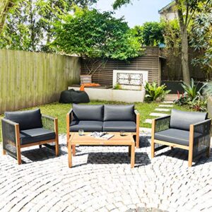 Tangkula Outdoor Wood Furniture Set, Acacia Wood Frame Loveseat Sofa, 2 Single Chairs and Coffee Table, 4 Pieces Conversation Set with Cushions, Garden Balcony Poolside Outdoor Living Set (1, Grey)