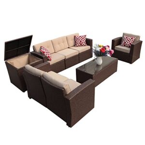 super patio 8 pieces patio furniture set, outdoor sectional sofa, pe wicker patio conversation sets with storage box, coffee table, three red pillows, brown