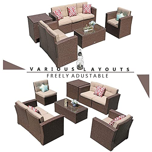 Super Patio 8 Pieces Patio Furniture Set, Outdoor Sectional Sofa, PE Wicker Patio Conversation Sets with Storage Box, Coffee Table, Three Red Pillows, Brown