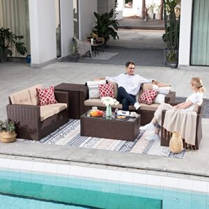 Super Patio 8 Pieces Patio Furniture Set, Outdoor Sectional Sofa, PE Wicker Patio Conversation Sets with Storage Box, Coffee Table, Three Red Pillows, Brown