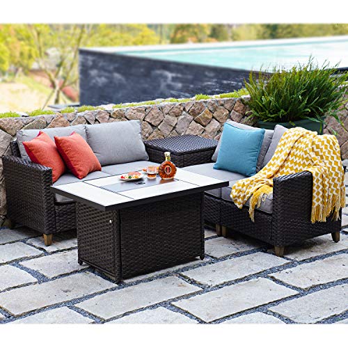 Grand patio Sofa Sets 6 Pieces Luxury Conversation Set with Fire Pit Table, Heavy Duty Rattan Patio Furniture Sectional with Thick Cushions for Yard Garden Porch(Brown Set with Fire Table, 6 PCS)