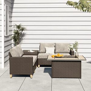 Grand patio Sofa Sets 6 Pieces Luxury Conversation Set with Fire Pit Table, Heavy Duty Rattan Patio Furniture Sectional with Thick Cushions for Yard Garden Porch(Brown Set with Fire Table, 6 PCS)