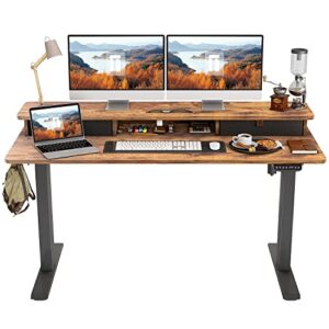 fezibo height adjustable electric standing desk with double drawer, 55 x 24 inch stand up table with storage shelf, sit stand desk with splice board, black frame/rustic brown top