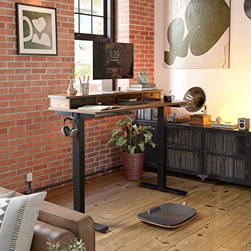 FEZIBO Height Adjustable Electric Standing Desk with Double Drawer, 55 x 24 Inch Stand Up Table with Storage Shelf, Sit Stand Desk with Splice Board, Black Frame/Rustic Brown Top