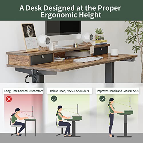 FEZIBO Height Adjustable Electric Standing Desk with Double Drawer, 55 x 24 Inch Stand Up Table with Storage Shelf, Sit Stand Desk with Splice Board, Black Frame/Rustic Brown Top