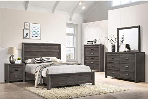 Rustic Style Grayish Brown 6pc King Size Bed Dresser Mirror Nightstand Chest Set Solid Wood Master Bedroom Furniture