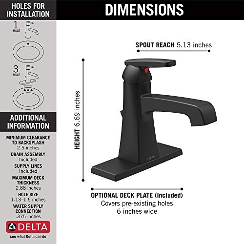 Delta Faucet Ashlyn Single Hole Bathroom Faucet, Single Handle Bathroom Faucet Matte Black, Bathroom Sink Faucet, Diamond Seal Technology, Drain Assembly, Matte Black 564-BLMPU-DST