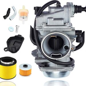 JOD TRX350 Carburetor compatible with Honda Rancher 350 TRX350 350ES 350FE 350FMTE 350TM 2000-2006 atv 4 Stroke Carburetor with Black Throttle Base Cover+Air Filter+Oil Filter+Fuel Filter