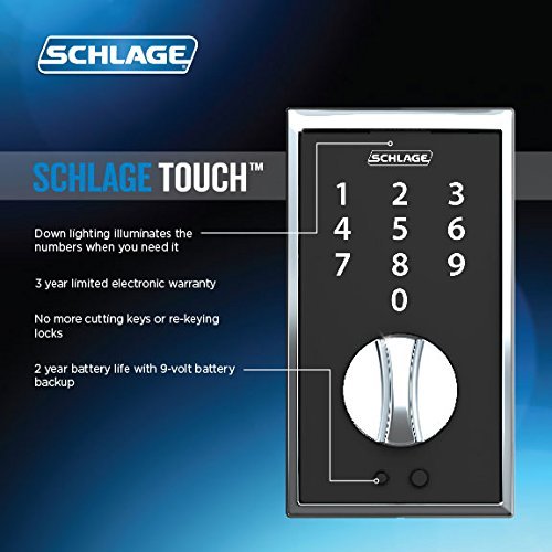 Schlage Touch FE375-CEN-622-LAT Matte Black Keyless Touchscreen Deadbolt with Century trim paired with Century Handleset and Latitude Lever with Century trim Entry Door Handleset