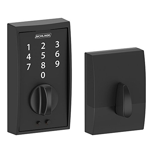 Schlage Touch FE375-CEN-622-LAT Matte Black Keyless Touchscreen Deadbolt with Century trim paired with Century Handleset and Latitude Lever with Century trim Entry Door Handleset