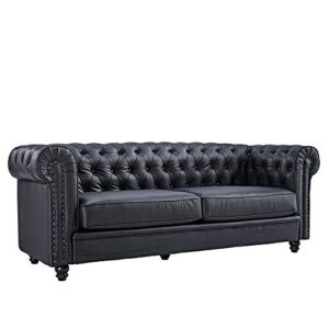 toomoo mid-century chesterfield leather sofa – upholstered sofa couch with wood legs, button-tufted for living room bedroom office (black)