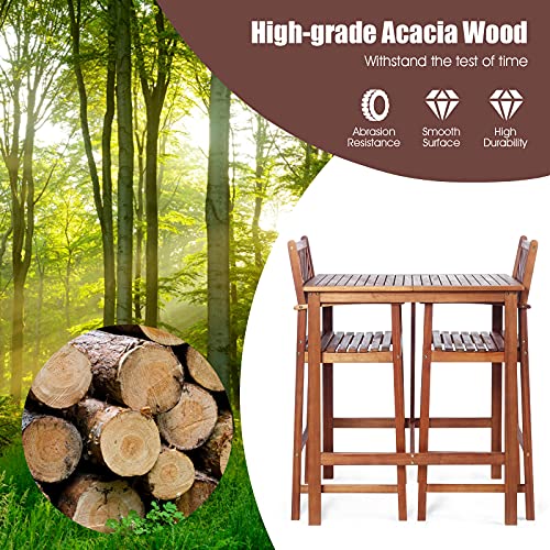 COSTWAY 3PCS Bar Table Set, Outdoor Acacia Wood Dining Set, Spacious Tabletop, Comfortable Backrest, Suitable for Sunroom, Backyard, Balcony, Space-Saving Design