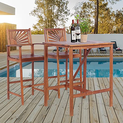 COSTWAY 3PCS Bar Table Set, Outdoor Acacia Wood Dining Set, Spacious Tabletop, Comfortable Backrest, Suitable for Sunroom, Backyard, Balcony, Space-Saving Design