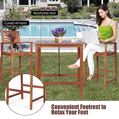 COSTWAY 3PCS Bar Table Set, Outdoor Acacia Wood Dining Set, Spacious Tabletop, Comfortable Backrest, Suitable for Sunroom, Backyard, Balcony, Space-Saving Design