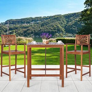 COSTWAY 3PCS Bar Table Set, Outdoor Acacia Wood Dining Set, Spacious Tabletop, Comfortable Backrest, Suitable for Sunroom, Backyard, Balcony, Space-Saving Design