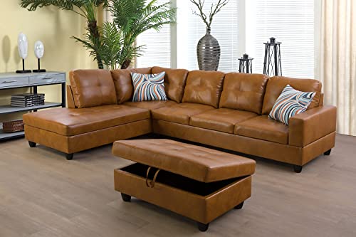 SIENWIEY Sectional Sofa Set, L-Shape Faux Leather Couch Living Room Sofa Set with Chaise, Storage Ottoman Using for Living Room Furniture(Left Chaise,Ginger)