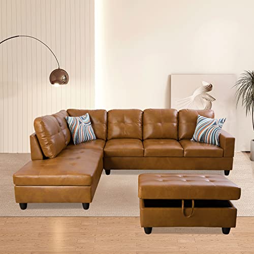 SIENWIEY Sectional Sofa Set, L-Shape Faux Leather Couch Living Room Sofa Set with Chaise, Storage Ottoman Using for Living Room Furniture(Left Chaise,Ginger)