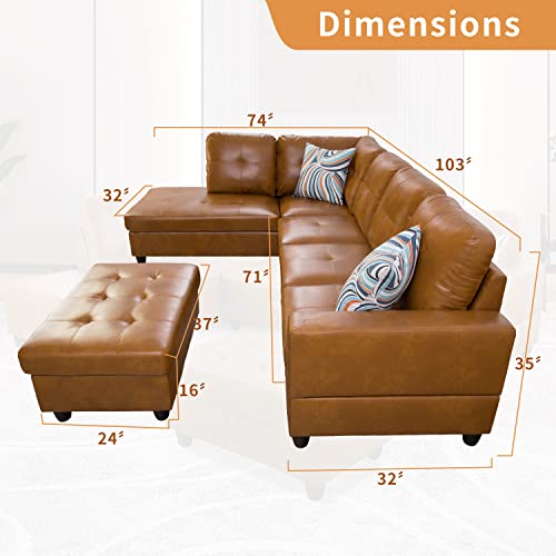 SIENWIEY Sectional Sofa Set, L-Shape Faux Leather Couch Living Room Sofa Set with Chaise, Storage Ottoman Using for Living Room Furniture(Left Chaise,Ginger)