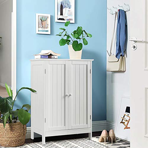 Tangkula Bathroom Floor Cabinet, Freestanding Storage Cabinet with Double Doors and Shelf, Modern Home Furniture, Wooden Home Organizer for Living Room, Bathroom Storage Cabinet, White
