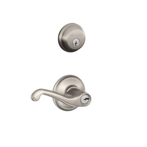 Schlage FB50N V FLA 619 B60 Single Cylinder Deadbolt and F51 Keyed Entry Flair Lever Keyed Alike, Satin Nickel finish