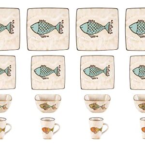 HomeVss, Stoneware Artisan Hand Painted Fish, 16pc Reactive Glaze Dinnerware Set