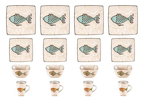 HomeVss, Stoneware Artisan Hand Painted Fish, 16pc Reactive Glaze Dinnerware Set