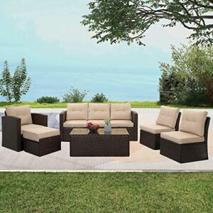 outdoor patio furniture sets 8-piece aluminum patio conversation sets, all weather wicker rattan sectional couch sofa set with glass coffee table & single sofa with ottoman (brown/beige)