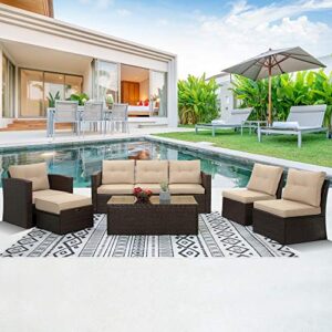 Outdoor Patio Furniture Sets 8-Piece Aluminum Patio Conversation Sets, All Weather Wicker Rattan Sectional Couch Sofa Set with Glass Coffee Table & Single Sofa with Ottoman (Brown/Beige)