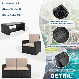 Shintenchi 4-Piece Outdoor Patio Furniture Set, Wicker Rattan Sectional Sofa Couch with Glass Coffee Table | Black