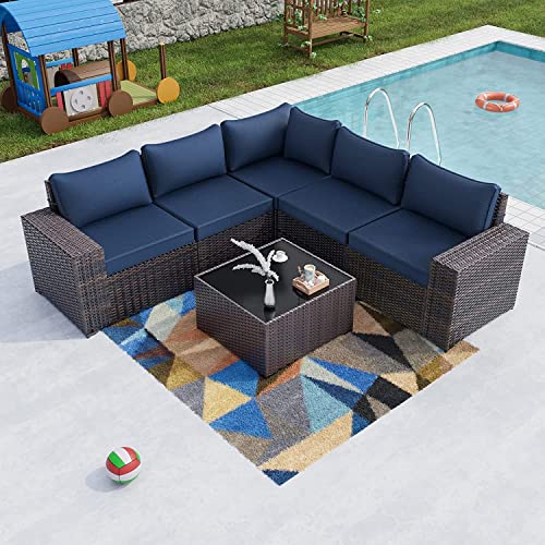 Kullavik Outdoor Patio Furniture Set 6 Pieces Sectional Rattan Sofa Set Brown PE Rattan Wicker Patio Conversation Set with 5 Navy Blue Seat Cushions and 1 Tempered Glass Table